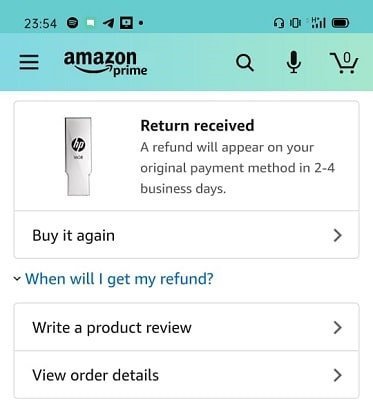 Refund for a returned Amazon order