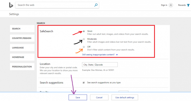 how to disable safe search settings on bing?
