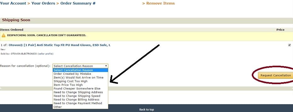 Specify a reason for cancelling a purchased Amazon order