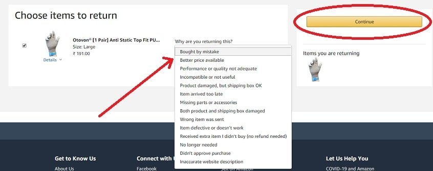 Choose an optional reason for returning an Amazon package