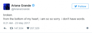 Ariana Grande tweets on Manchester Explosion