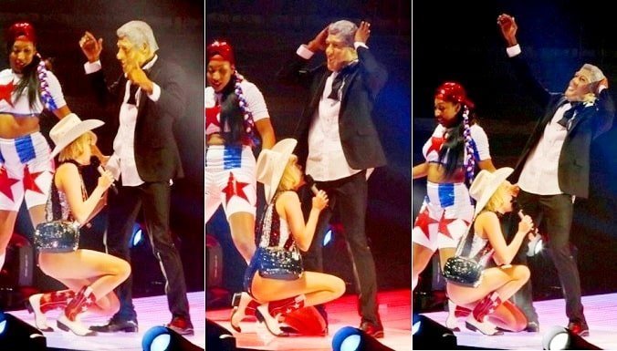 Horny Miley Cyrus gives blow job to a man in Bill Clinton mask.