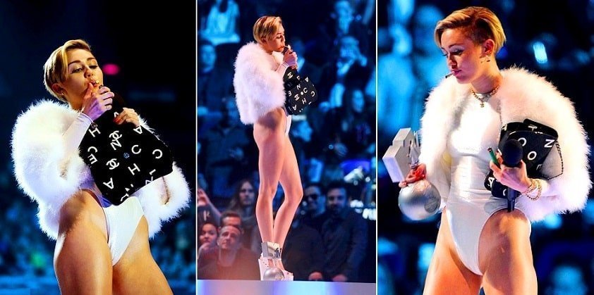 Miley Cyrus smokes a marijuana joint while accepting MTV European awards in 2013