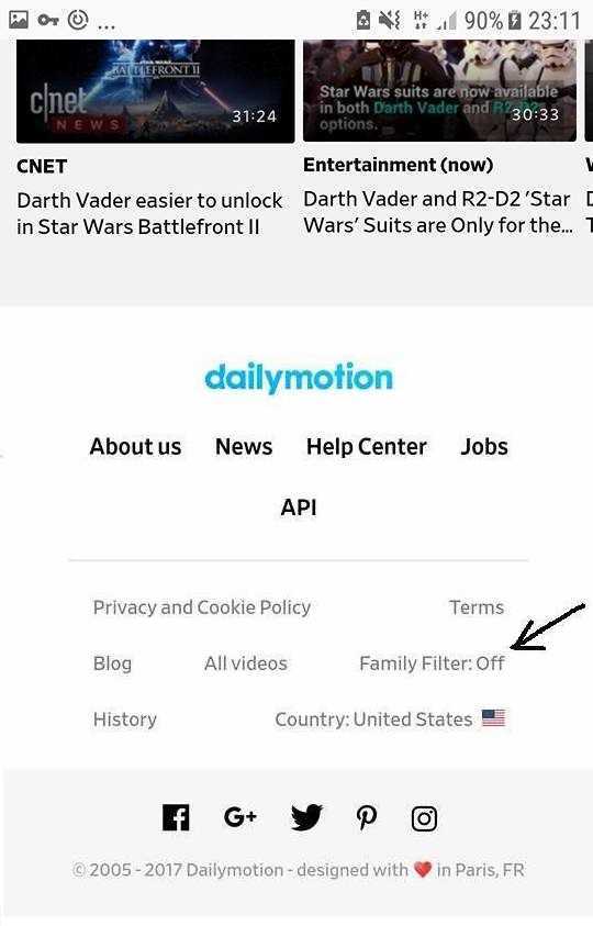 Changing Dailymotion age restriction and family filter OFF in mobile app.
