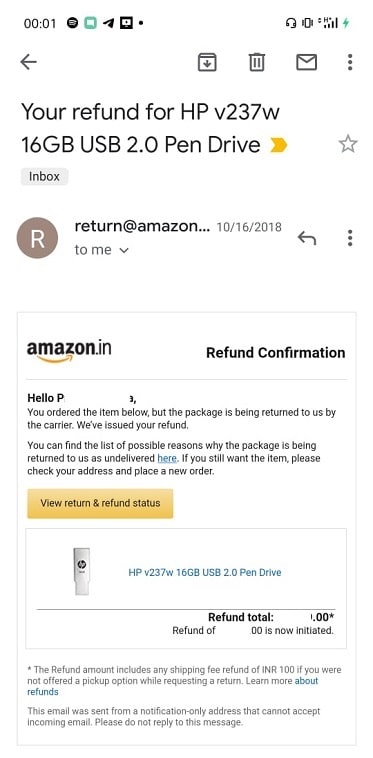Email from Amazon regarding a refund for returned package.