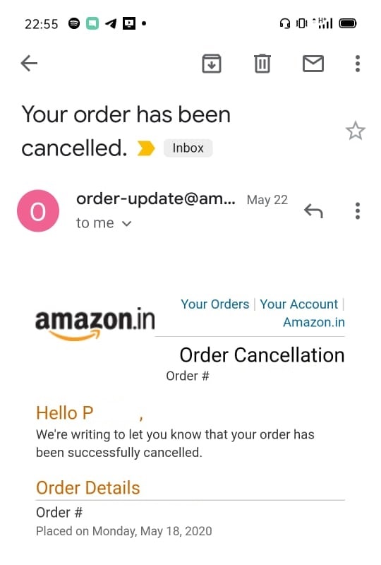Cancelled order confirmation email from Amazon