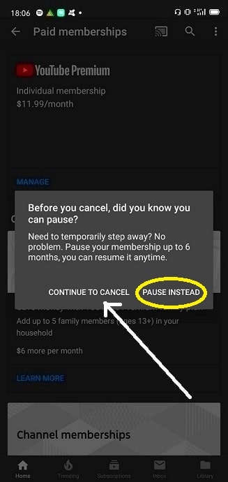 How to pause Youtube Premium subscription instead of cancelling it
