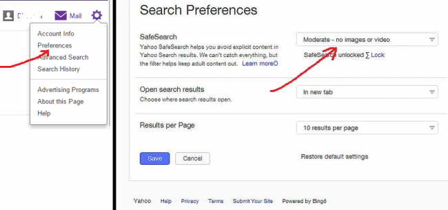how to disable safe search settings on yahoo?